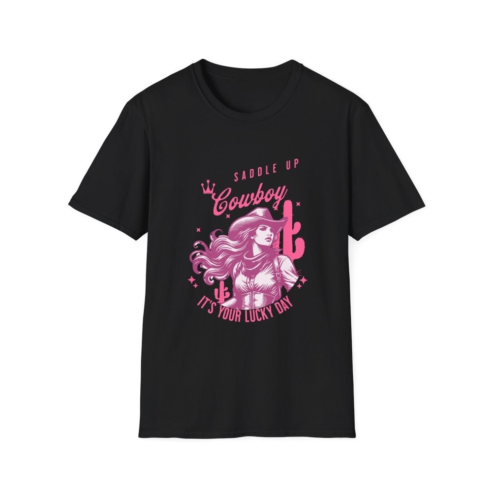 Womens Saddle Up Cowboy‎ Lucky Day Graphic Tee Pink Western Style | Black XS